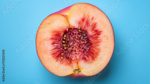  a close up of a piece of fruit with a bite taken out of the center of the fruit, on a blue background. © Jevjenijs