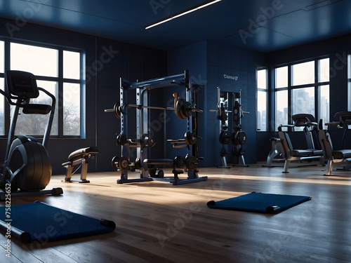 modern and minimalistic gym with a wide variety of exercise equipment, dark blue and parquet, empty fitness room, sports equipment, panorama banner design