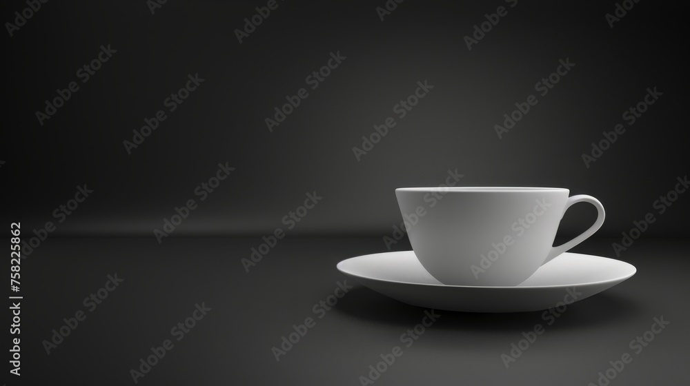 a white coffee cup sitting on top of a saucer on top of a saucer on a black table. a white coffee cup sitting on top of a saucer on top of a saucer on a black table.