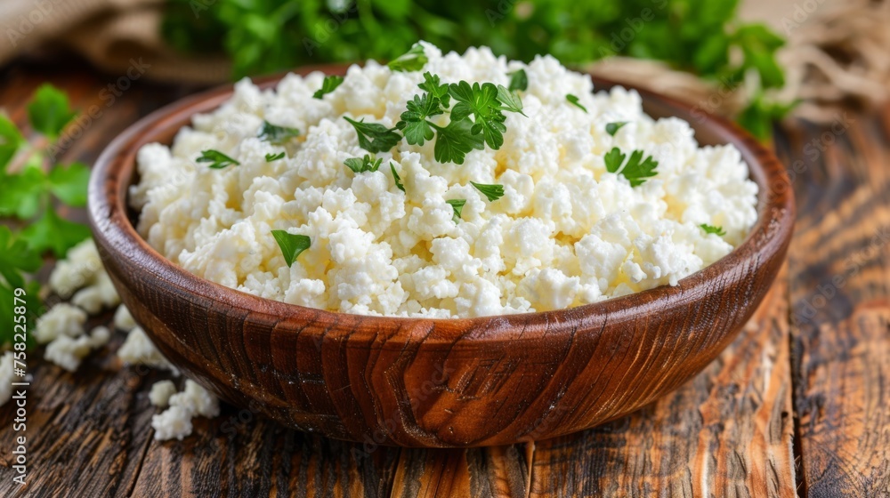 a wooden bowl filled with feta cheese and parsley on top of a wooden table next to parsley. a wooden bowl filled with feta cheese and parsley on top of a wooden table next to parsley.
