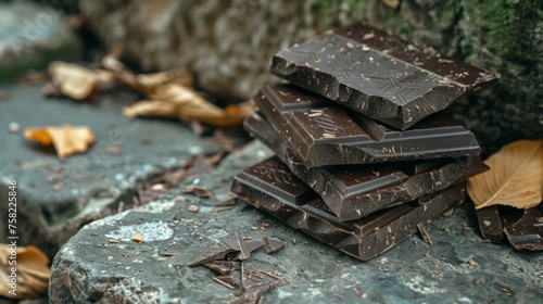  a pile of pieces of chocolate sitting on top of a rock next to a pile of leaves and fallen leaves.
