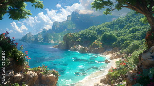 A lush paradise cove with turquoise waves gently lapping against a pebble beach surrounded by rich greenery © Reiskuchen