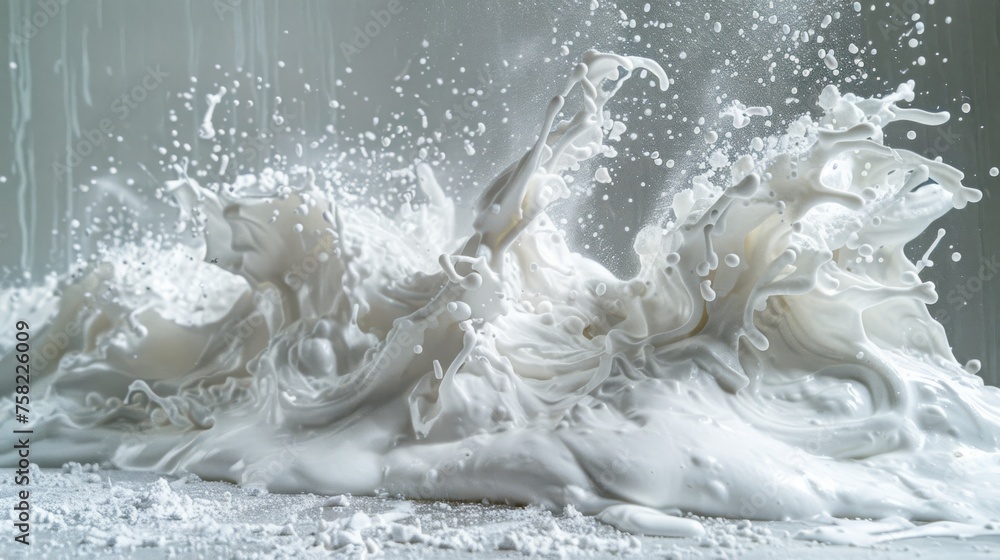 a splash of milk is coming out of a glass of milk on a white surface with drops of milk coming out of it. a splash of milk is coming out of a glass of milk on a white surface with drops of milk coming out of it.