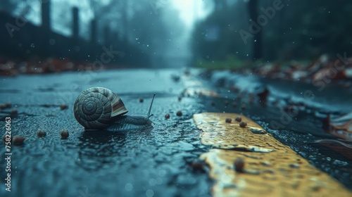  a snail sitting on the side of a road in the middle of a rain soaked road with trees in the background.