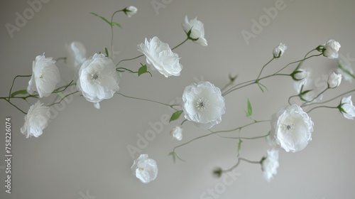  a bunch of white flowers are hanging from a branch with green leaves on a white wall in the corner of a room.