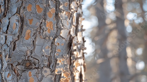  a close up of a tree trunk with a lot of brown and white paint peeling off of it s bark.