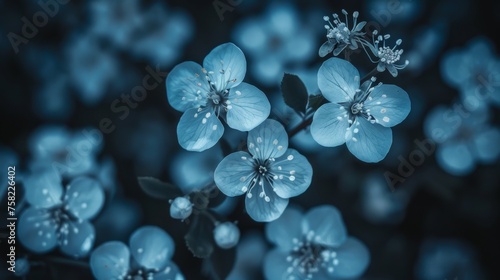  a close up of a bunch of flowers with water droplets on the petals and the petals are blue in color. © Jevjenijs