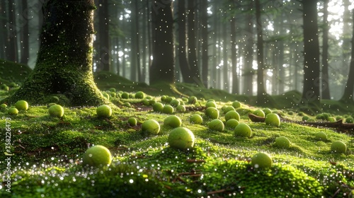  a group of green balls sitting on top of a moss covered ground in front of a forest filled with trees.
