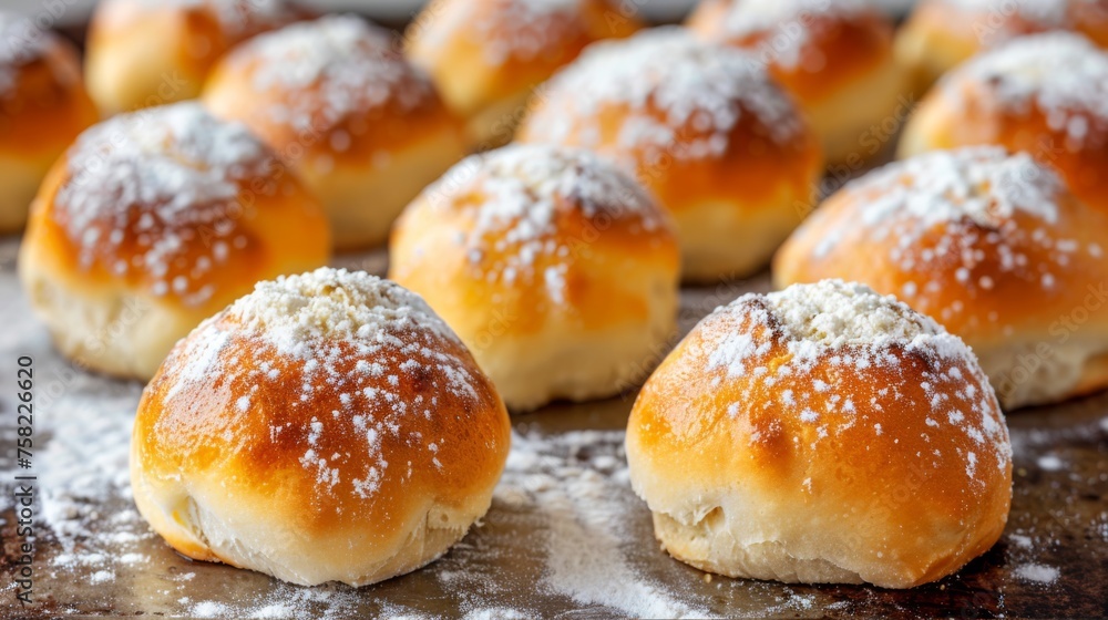  a close up of a bunch of doughnuts on a baking sheet with powdered sugar on top of them.