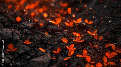  a close up of a bunch of orange leaves on a black ground with a fire in the middle of it.