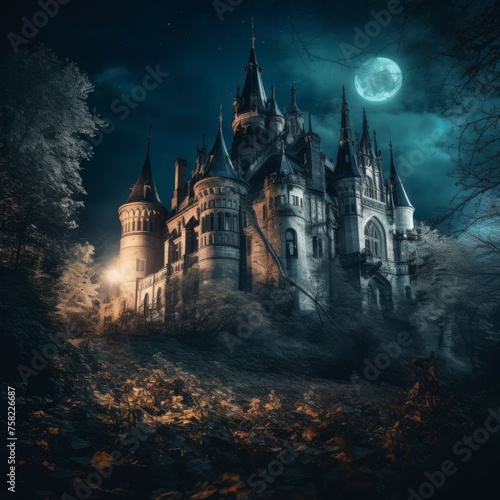Old Gothic castle under moon light