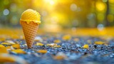 a yellow ice cream cone sitting on top of a blue floor covered in yellow confetti next to a forest.