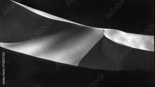  a black and white photo of a sand dune with a long white ribbon hanging from the top of the dune.