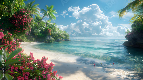 Warm sunlight bathes a secluded beach, highlighting the vibrant flora and inviting peaceful reflection