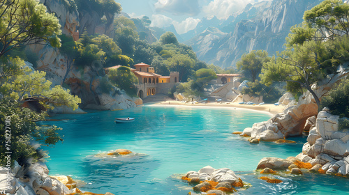 A picturesque scene captures a tranquil village by the sea, surrounded by lush mountains and clear waters