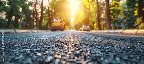 Asphalt paver machine efficiently laying fresh asphalt on newly constructed road surface photo