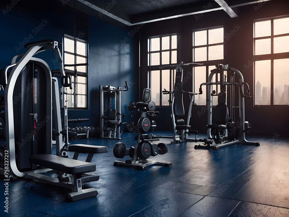 Fototapeta premium modern and minimalistic gym with a wide variety of exercise equipment, dark blue and parquet, empty fitness room, sports equipment, panorama banner design