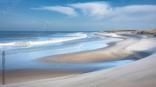  a sandy beach next to the ocean under a blue sky with a wispy white cloud in the sky.