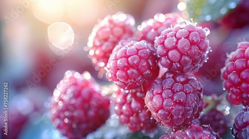  a close up of a bunch of raspberries with drops of water on the top and bottom of the berries. © Jevjenijs