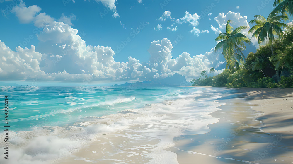 Peaceful sandy beach with expansive view under a sky filled with fluffy white clouds and soothing colors
