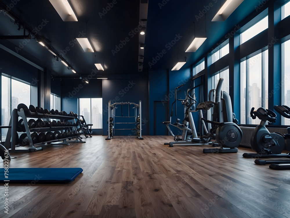modern and minimalistic gym with a wide variety of exercise equipment, dark blue and parquet, empty fitness room, sports equipment, panorama banner design modern and minimalistic gym with a wide variety of exercise equipment, dark blue and parquet, empty fitness room, sports equipment, panorama banner design