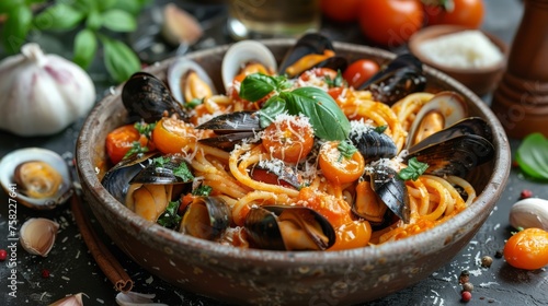  a bowl of pasta with mussels, tomatoes, and parmesan cheese on a table next to garlic and garlic.