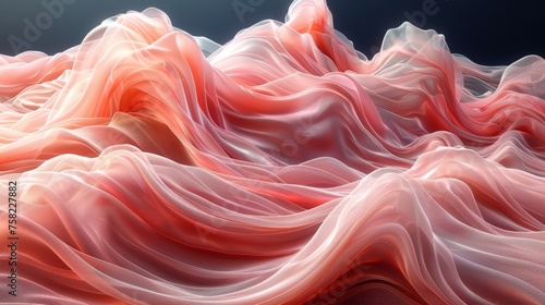  a computer generated image of a wave of pink and white fabric on a black background with a blue sky in the background.