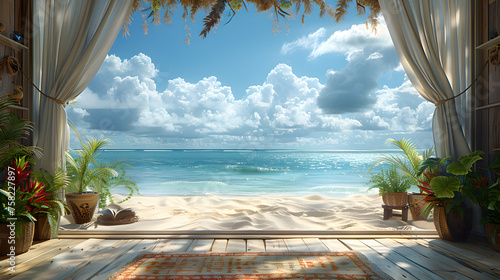 Inviting beach view through the flowing curtains of a seaside cabin, symbolizing relaxation and connection with nature