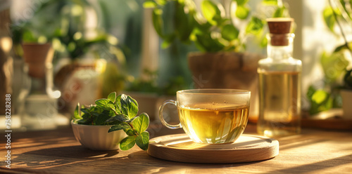Cozy setting features tea and fresh herbs bathed in warm sunlight