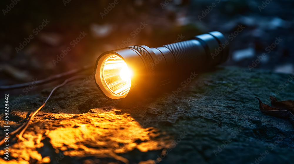 Fototapeta premium An illuminated flashlight on rocky ground.