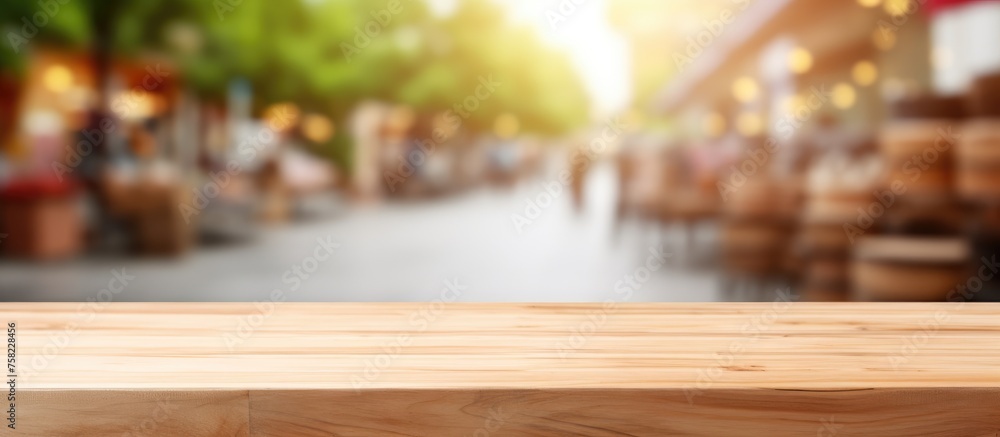 Wooden Table in Front of Blurred Supermarket Background for Product Display Mockup.