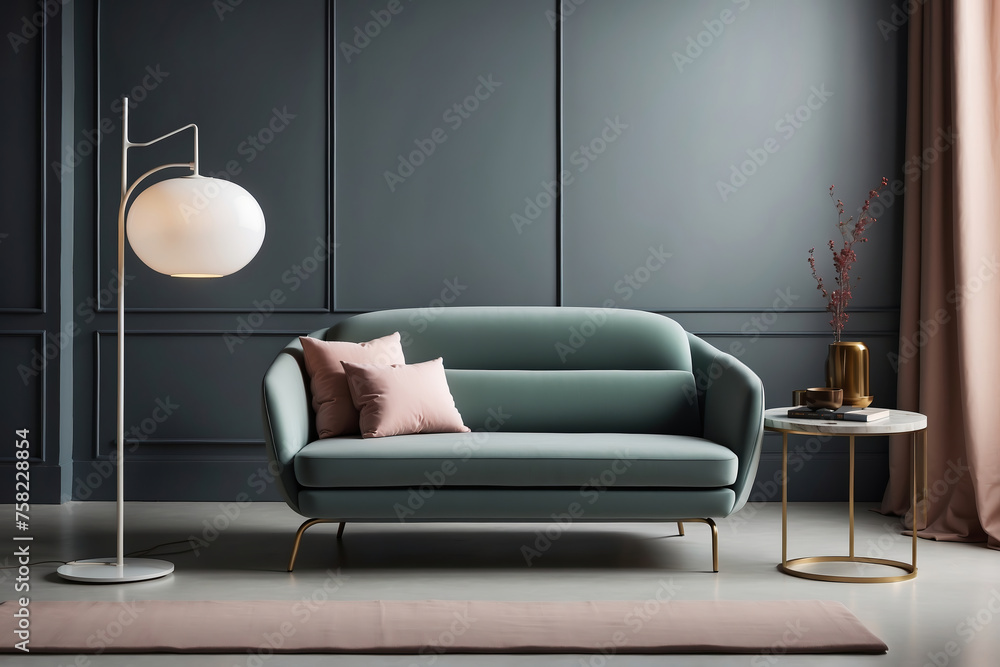 Mailänder Design-Wohnzimmer mit stilvollem grünem Sofa und moderner Beleuchtung - obrazy, fototapety, plakaty 