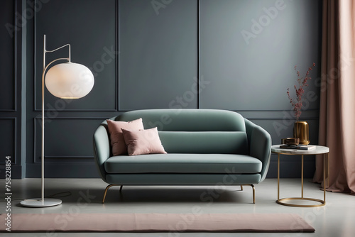 Mail  nder Design-Wohnzimmer mit stilvollem gr  nem Sofa und moderner Beleuchtung