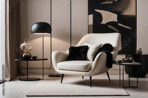 Designer-Armlehnstuhl als Highlight im modernen Monochrom-Wohnzimmer photo