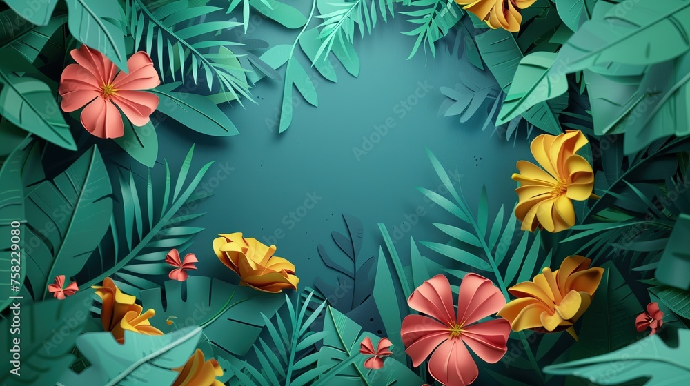 Tropical Foliage Frame: Lush Green Background with Copy Space, Paper Art Illustration