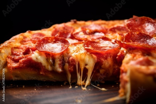 Italian pizza with stretching cheese on a dark background