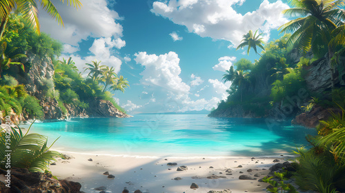 This idyllic scene features a quiet beach enclave with clear turquoise waters surrounded by lush greenery and rock formations under a clear blue sky