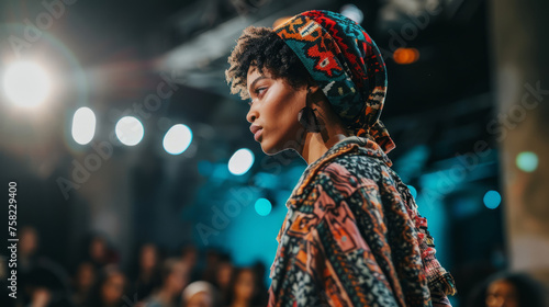 A model walks the runway in a vibrant, patterned outfit showcasing contemporary fashion and style at an event with onlookers photo