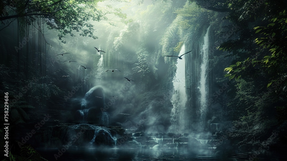 Fototapeta premium A dark forest scene with a small cave behind a waterfall, and a few birds flying overhead. The scene is bathed in a soft, ethereal light, and the mist rises up into the air.