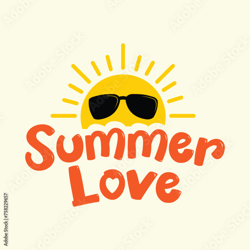 Summer Love typography vector illustration with sun clip art and sun glass. Summertime quote, logo, poster, banner, greeting card. Hand drawn summer vector illustration. Editable text.