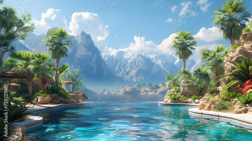 View from a lavish poolside capturing majestic mountains  clear skies  and an exotic tropical setting