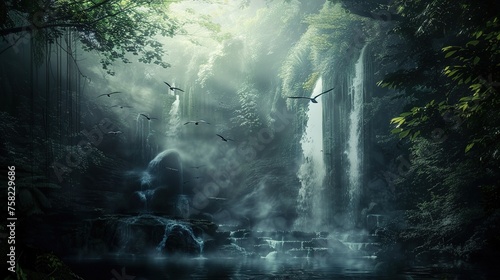 A dark forest scene with a small cave behind a waterfall  and a few birds flying overhead. The scene is bathed in a soft  ethereal light  and the mist rises up into the air.