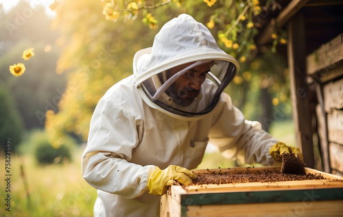 Amidst a rustic rural backdrop, a dedicated beekeeper, clad in protective gear and veil, tends to his bee hive with care, engaging in the meticulous process of harvesting honey