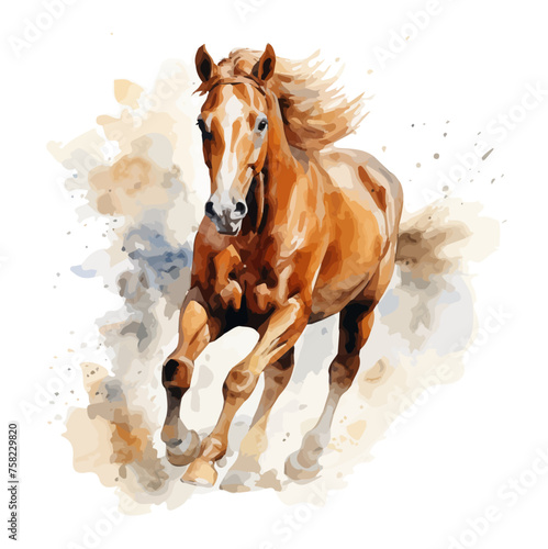 Watercolor Drawing clipart of a brown horse running, isolated on a white background, vector format, art design, clipart Illustration, Graphic Painting.