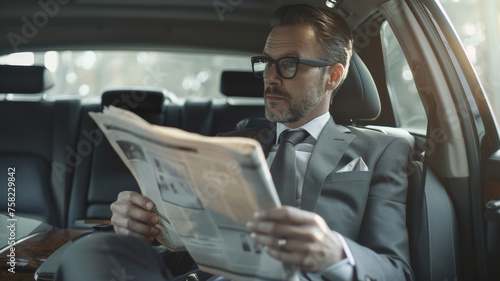 Suave businessman reading a newspaper inside a luxury car. © VK Studio