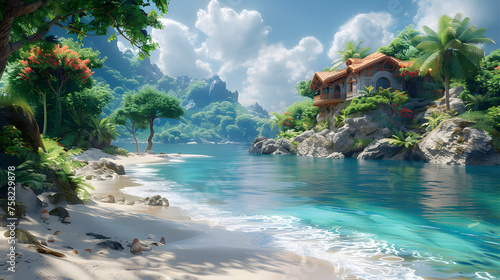 Stunning digital image featuring an elegant villa nestled among lush greenery by a pristine beach with turquoise waters