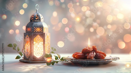 Ramadan Kareem greeting card, invitation. Plate with dates fruit, burning silver Moroccan, Arabic lantern and green branch on white table. Iftar dinner. Glittering lights. Eid ul Adha background