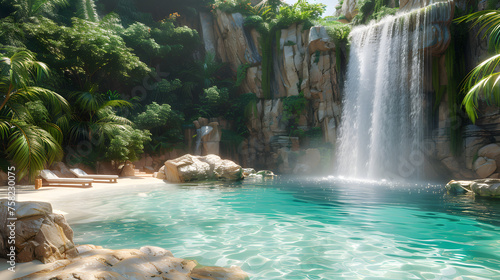Peaceful waterfall cascading into a crystal-clear pool nestled in vibrant green foliage and rocky landscape