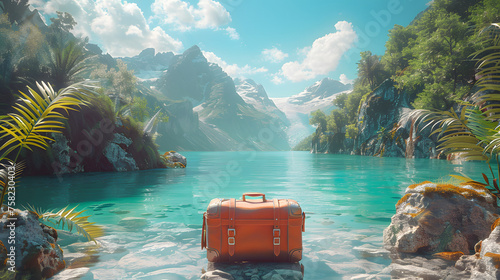 An orange suitcase rests by the inviting turquoise waters of a mountain lake, suggesting adventure and exploration photo