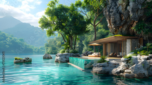 A secluded water bungalow nestled among towering cliffs offering a personal oasis in a calm turquis cove © Reiskuchen